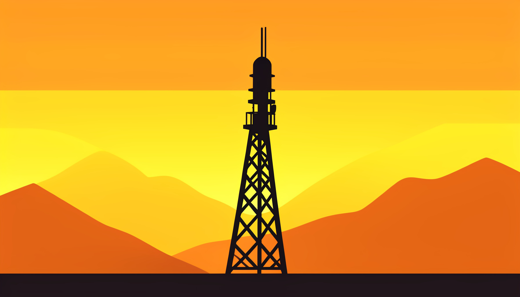 Radio tower silhouette against a warm orange and gold sunset sky with subtle mountain outlines